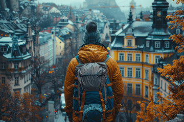 Obraz premium A man explores his city by going on a photography walk, discovering hidden gems and capturing the urban landscape through his lens. Concept of urban exploration. Generative Ai.