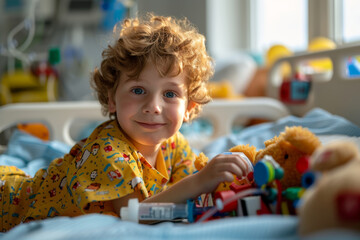 A curly-haired boy plays with toys in a sunny hospital room.