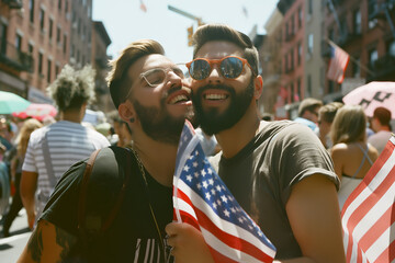 Two men gays lgbt kissing guys with America Flag celebrating 4 July or NYC Pride Parade at New York...