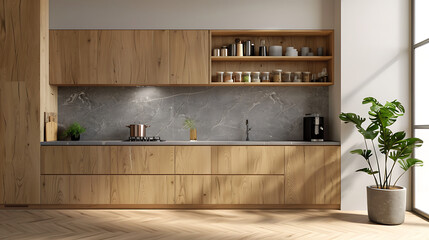 The kitchen features light wooden cabinets and drawers with a minimalist design