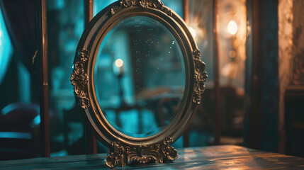 Magic mirror with glow. Mysticism and fortune telling concept - obrazy, fototapety, plakaty