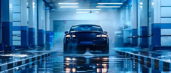 Automated car wash with blue car being cleaned at a service station. Concept Car Wash, Automated, Service Station, Blue Car, Cleaning - obrazy, fototapety, plakaty