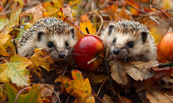 Zwei Igel im Garten im Laub, sch&ouml;nes Herbstbild