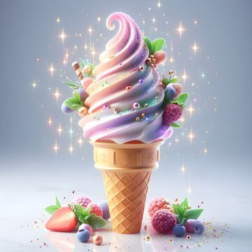 Beautiful shining Sweet Frost ice cream cone on white background HD AND 3D PIC 