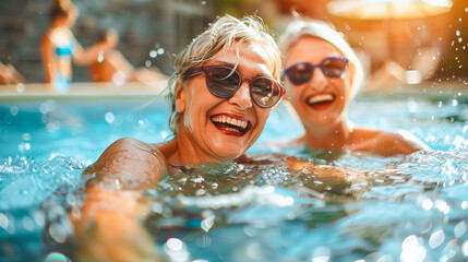 Dos señoras felices riendo y disfrutando de la piscina en un viaje de turismo en verano dentro del agua con gafas y mucho sol y colores. - obrazy, fototapety, plakaty