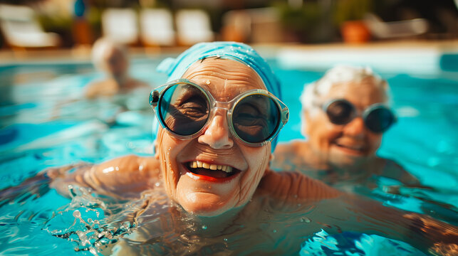 Dos se&ntilde;oras felices riendo y disfrutando de la piscina en un viaje de turismo en verano dentro del agua con gafas y mucho sol y colores.
