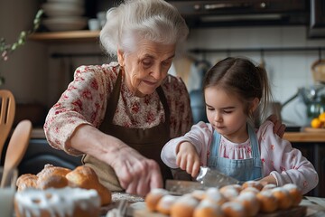 Großmutter und Enkelin bereiten traditionelle Ostergerichte zu, backen Kuchen und Süßigkeiten. Weitergabe von Familienrezepten, Bräuchen und Geschichten