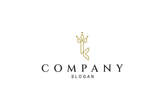 King's key logo. Key and letter K line art logo with crown decoration