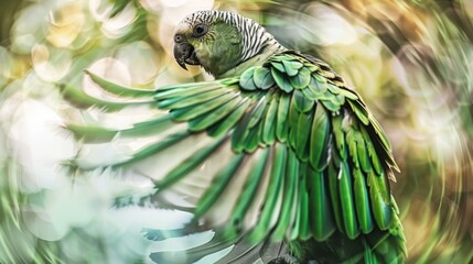 A green parrot with a large wing spread out in front of it. Generative AI.