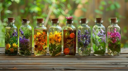 A rustic background adorned with bottles of different wildflowers sets the scene for Ayurveda, alternative medicine, spa wellness, herbal health, wellbeing