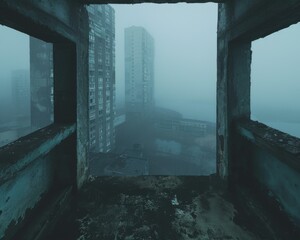 A view of a window looking out over the city from inside. Generative AI.