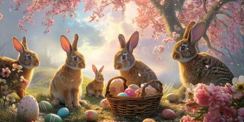 Three Audubons Cottontail rabbits are standing next to a basket of Easter eggs in a field of grass and flowers AIG42E - obrazy, fototapety, plakaty