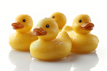Bright yellow rubber ducks isolated on a white background. Concept of bath time fun. Generative Ai.