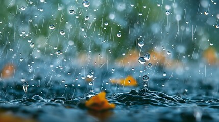 Regentropfen spritzen, Regen fällt ins Wasser und spritzt, Banner glitzernde Wassertropfen