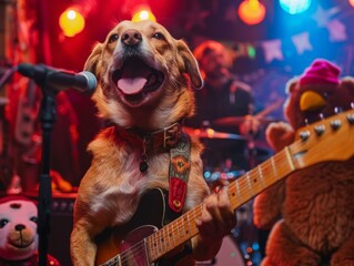 A dog playing a guitar in front of stuffed animals. Generative AI.