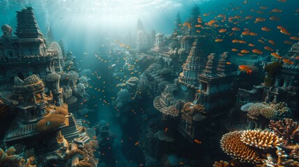 A large underwater city with many buildings and fish. Generative AI.