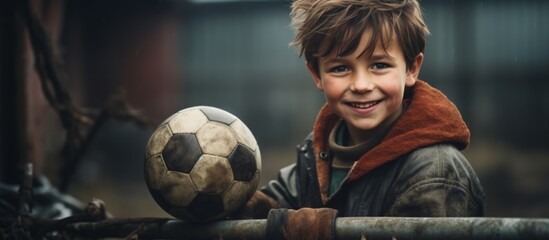 A young boy with a soccer ball standing in front of a metal fence