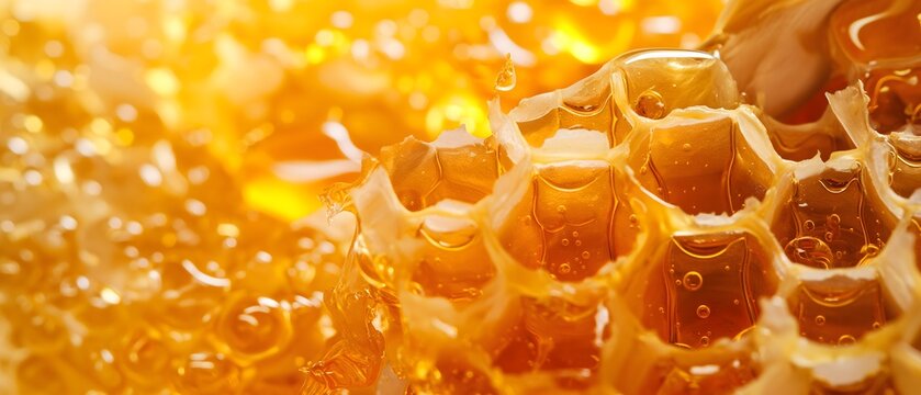 Nahaufnahme Honigwarben, goldener Honig flie&szlig;t &uuml;ber Honigwarben, Nektar aus Bl&uuml;tenstaub