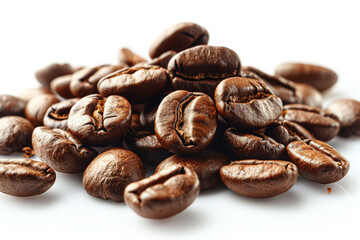Naklejka premium Pile of aromatic coffee beans isolated on a white background. Concept of coffee brewing. Generative Ai.