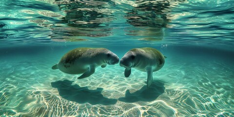 Two manatees swimming in the ocean with their noses touching. Generative AI.