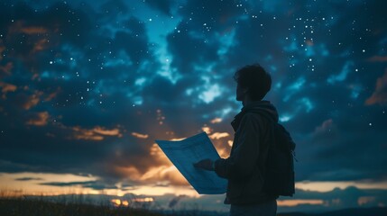 A man holding a map under the stars. Generative AI.