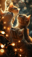 A group of cats are looking up at a lighted tree. Generative AI.