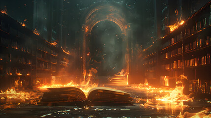 Mystical Flames Illuminating an Enchanted Ancient Library of Spellbooks - obrazy, fototapety, plakaty