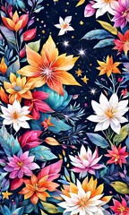 Vibrant, intricate floral design set against dark background, creating visually appealing contrast between colorful flowers, dark backdrop. For website design, advertising, greeting cards, magazines.