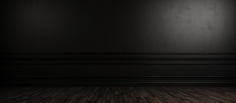 The dimly lit room features a solid black wall contrasting with the warm wooden floor