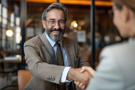 Gl&uuml;cklicher Gesch&auml;ftsmann, Personalvermittler, HR-Manager, Hand sch&uuml;tteln beim Vorstellungsgespr&auml;ch. L&auml;chelnder, professioneller F&uuml;hrungsberater mittleren Alters und Bankkunde sch&uuml;tteln Hand