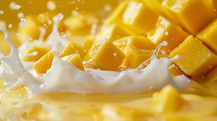 A close up of a mango being splashed with milk. Generative AI.