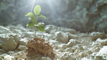 A small plant growing in a rocky area with sunlight. Generative AI. - Powered by Adobe