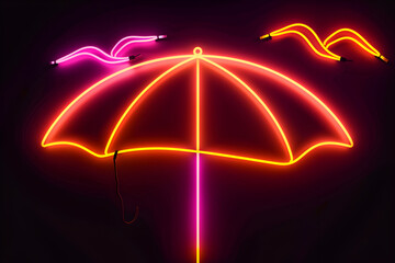 Neon beach umbrella with a sunset sky and seagulls isolated on black background.