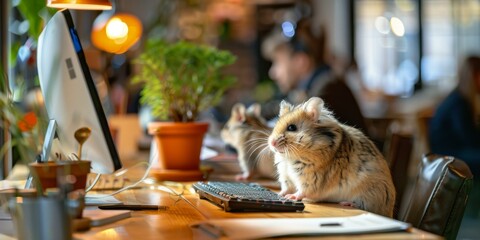 A hamster sitting on a keyboard and mouse at the computer. Generative AI.