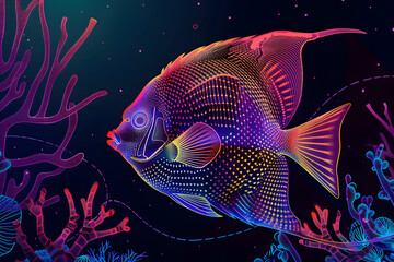 Neon wireframe of a majestic angelfish in glowing coral reefs isotated on black background.