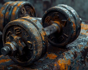 Macro shot capturing aged dumbbells atop a textured, corroded surface, radiating a gritty aesthetic reminiscent of urban decay.