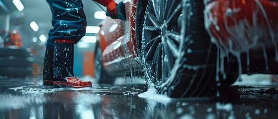 Precise Cleaning of Car Rim by Worker at Car Wash. Concept Car Rim Cleaning, Worker, Car Wash, Precise Technique, Detail-oriented
