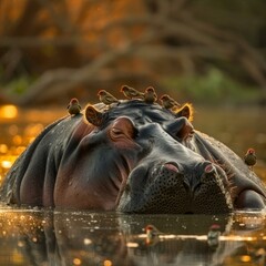 A hippo with birds on its back in a river. Generative AI.