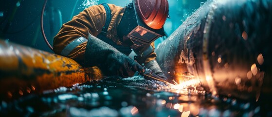 A worker welding in a water tank. Generative AI. - obrazy, fototapety, plakaty