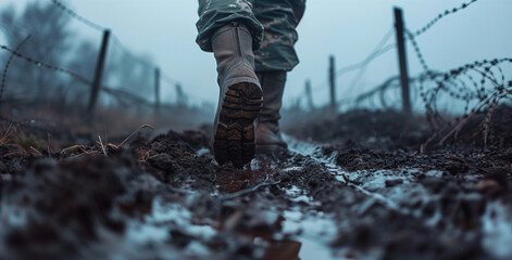 Military Boots on Muddy Ground