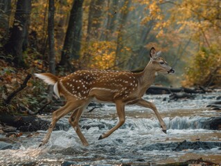 A fawn running across a stream in the woods. Generative AI.