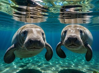 Two manatees swimming in the clear blue water. Generative AI.