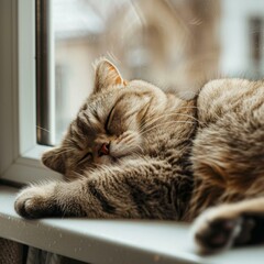 A cat sleeping on a window sill with its eyes closed. Generative AI.