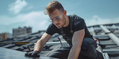 Mann mit schwarzem T-Shirt und Jeans, trägt eine Schutzbrille und arbeitet an einem Solarpanel, Konzept Energiewende, erneuerbare Energie - obrazy, fototapety, plakaty