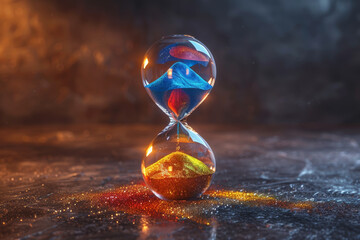 Hourglass filled with vibrant sand colors, representing the value of time in various aspects of life. Concept of time diversity. Generative Ai.