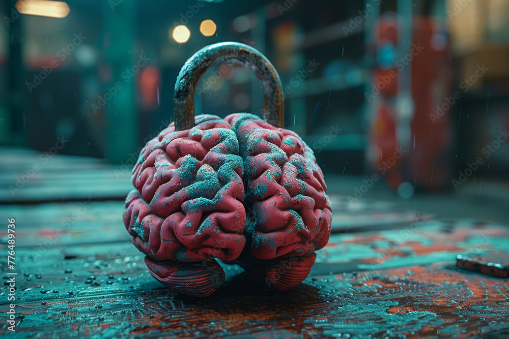 Poster lock shaped like a human brain with an open padlock, representing unlocking one's potential. concept