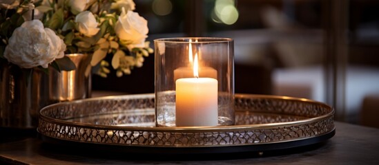 A candle is placed on a tray next to a decorative vase with a patterned design, creating a cozy and elegant ambiance - obrazy, fototapety, plakaty