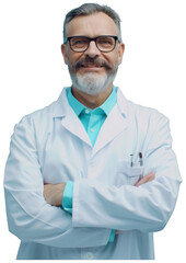 Fototapeta premium Confident Scientist in Lab Coat and Tie With Arms Crossed. Transparent Background PNG