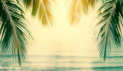 Palm trees inviting to beach paradise under sunlight with copy space for advertisement - obrazy, fototapety, plakaty