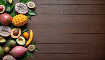 Obraz na płótnie Canvas The image features a variety of tropical fruits such as mango, papaya, and avocado arranged on a wooden table. The fruits are surrounded by green leaves and there are empty space